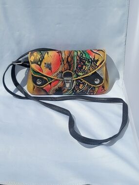 Biacci Handpainted Leather Multicolor Artistic  Crossbody Bag with Black Strap